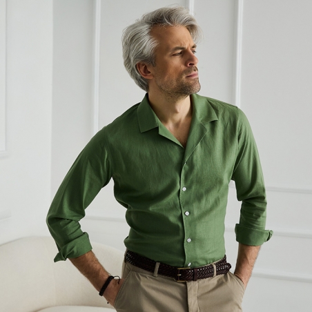 Men’s linen-viscose Cuban collar shirt in safari green