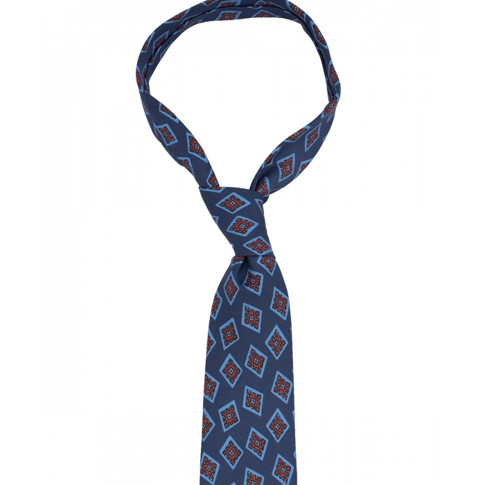 Ciemnoniebieski krawat w duże czerwone ornamenty
