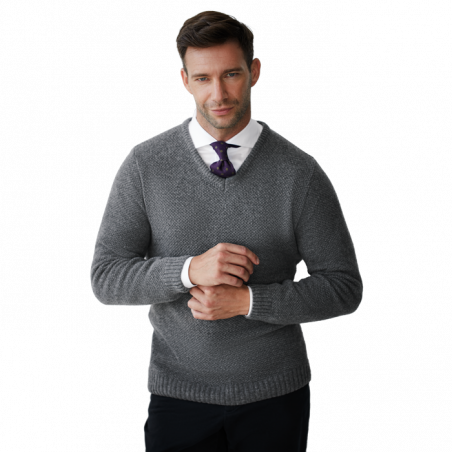 Men's grey V-neck sweater
