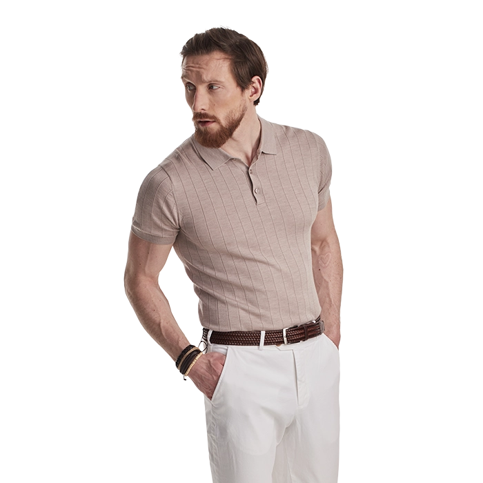 Jasnobrązowa męska koszulka polo z wełny merino w prążek