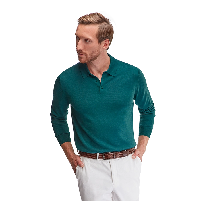 Zielona męska koszulka wełniana polo z długim rękawem