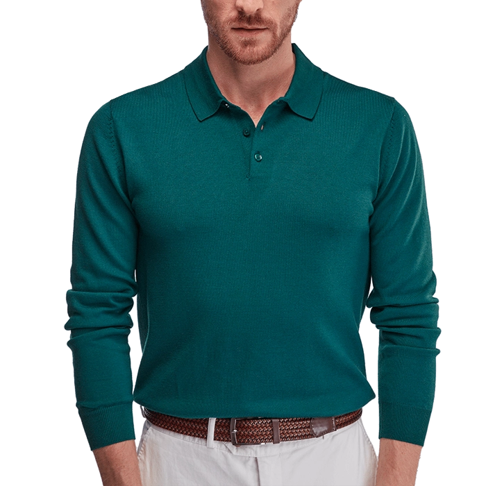 Zielona męska koszulka wełniana polo z długim rękawem