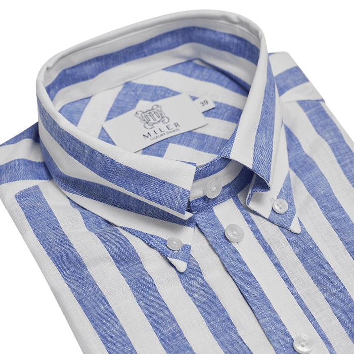 Koszula męska lniano-bawełniana long button down w niebieski prążek