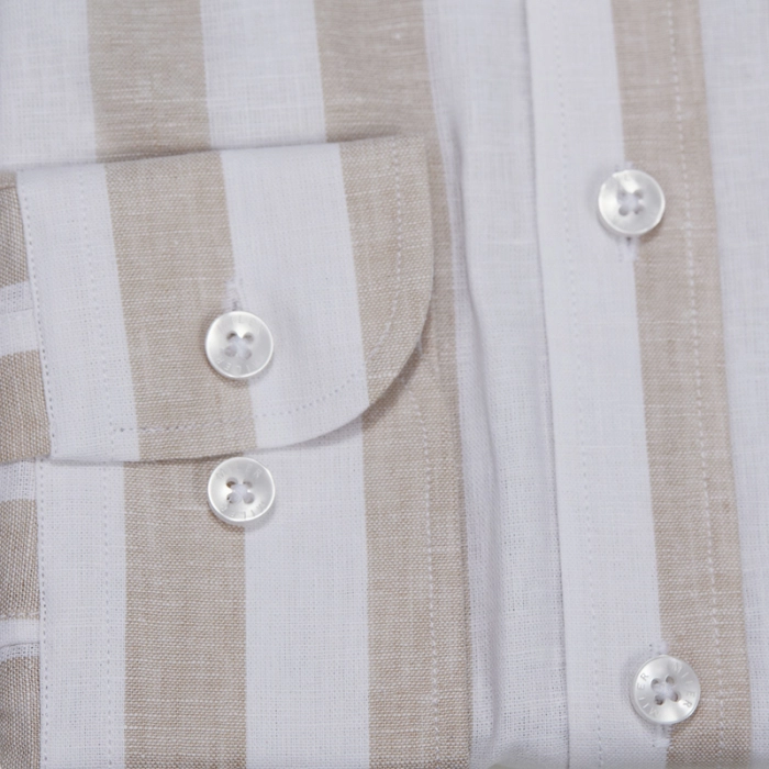 Koszula męska lniano-bawełniana long button down w gruby beżowy prążek