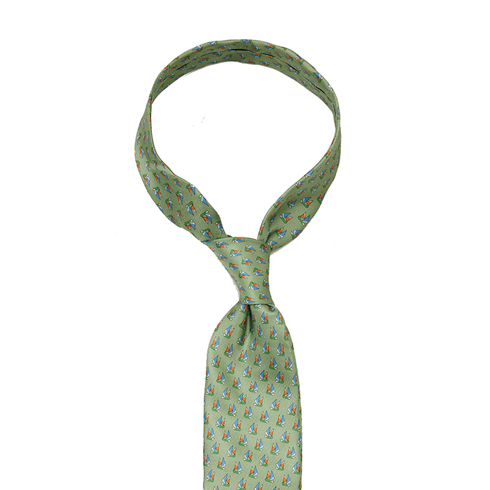Green printed silk tie with sailboats #0