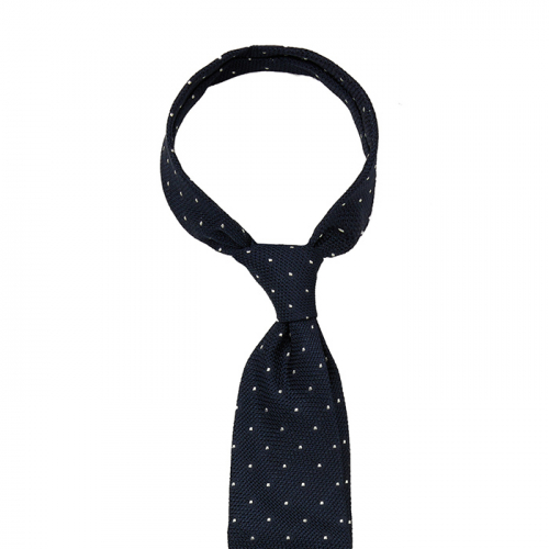 Navy tie made from silk grenadine Garza Fina with polka dots, unlined