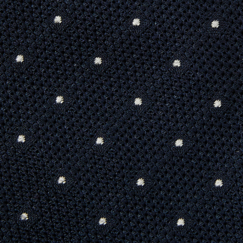 Navy tie made from silk grenadine Garza Fina with polka dots, unlined