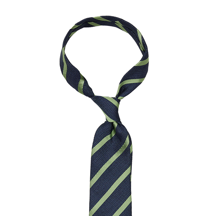 Jedwabno-lniany granatowy krawat w pistacjowe pasy