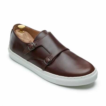 Chocolate leather monk shoes with a white rubber sole