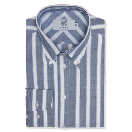 Koszula męska niebieska z kołnierzem long button down w szeroki kontrastowy prążek