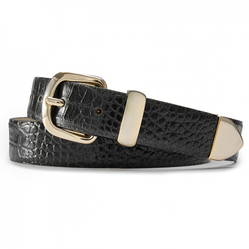 Black leather belt with gold accents