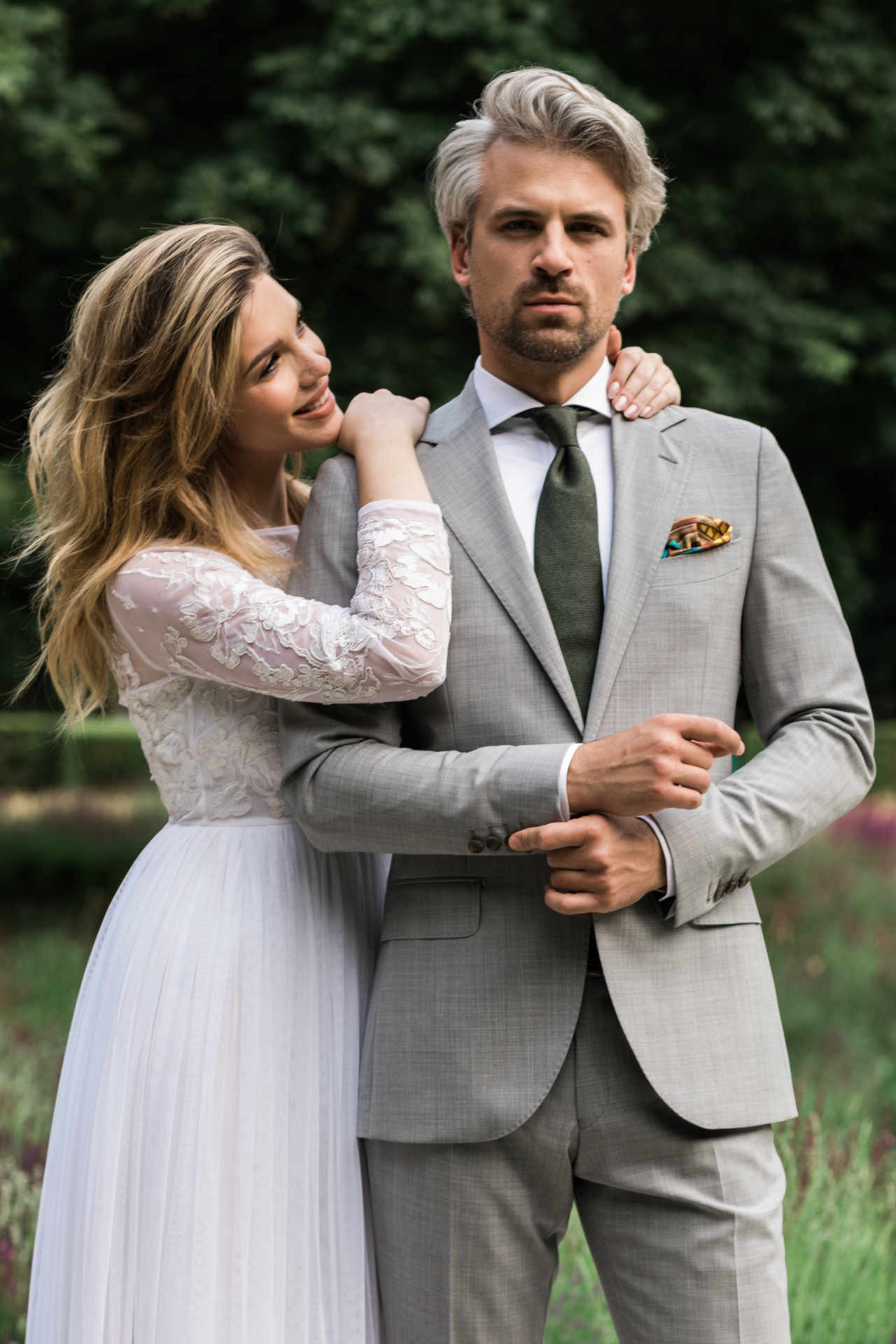 Light grey tropical suit for a boho-style wedding