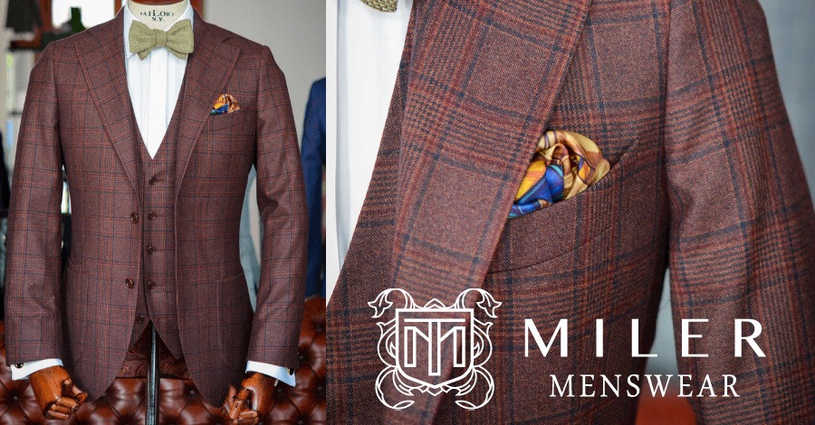 A burgundy suit with a Prince of Wales check vest