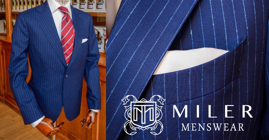 Navy suit with light blue pinstripes