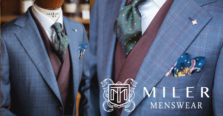 Three-piece checked suit with a burgundy vest